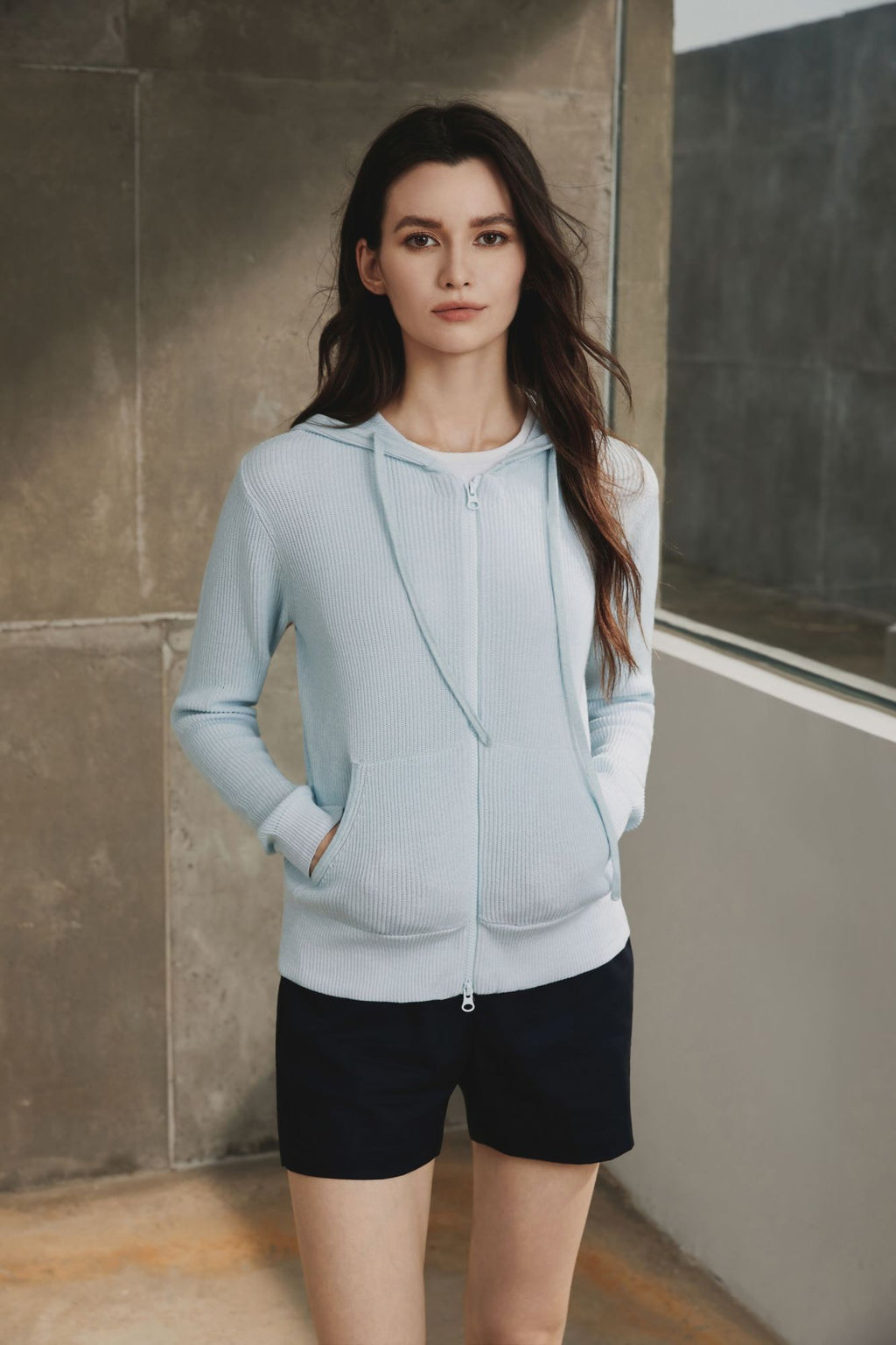 Cotton Ribbed Hoodie, Azureish White