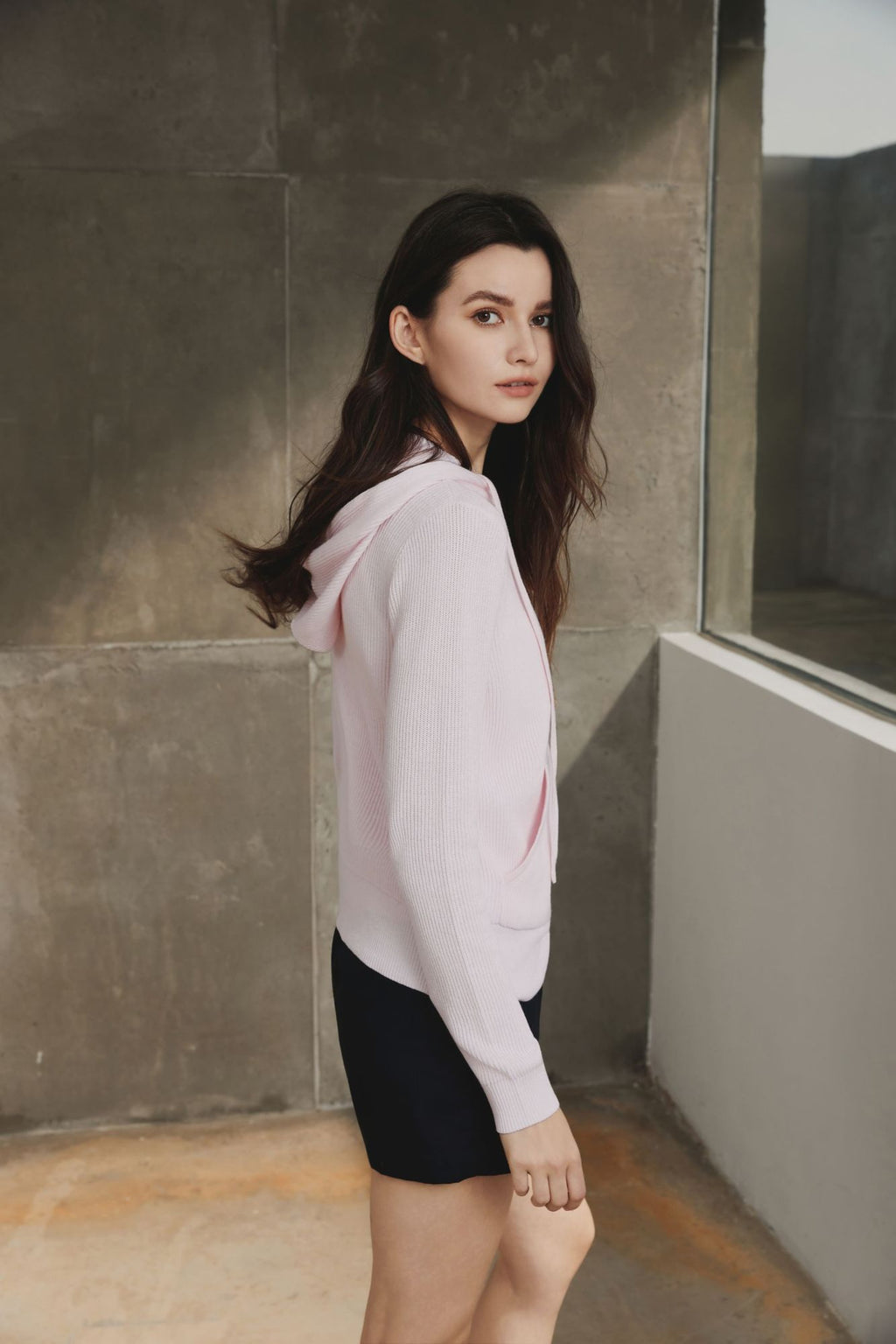 Cotton Ribbed Hoodie, Misty Rose