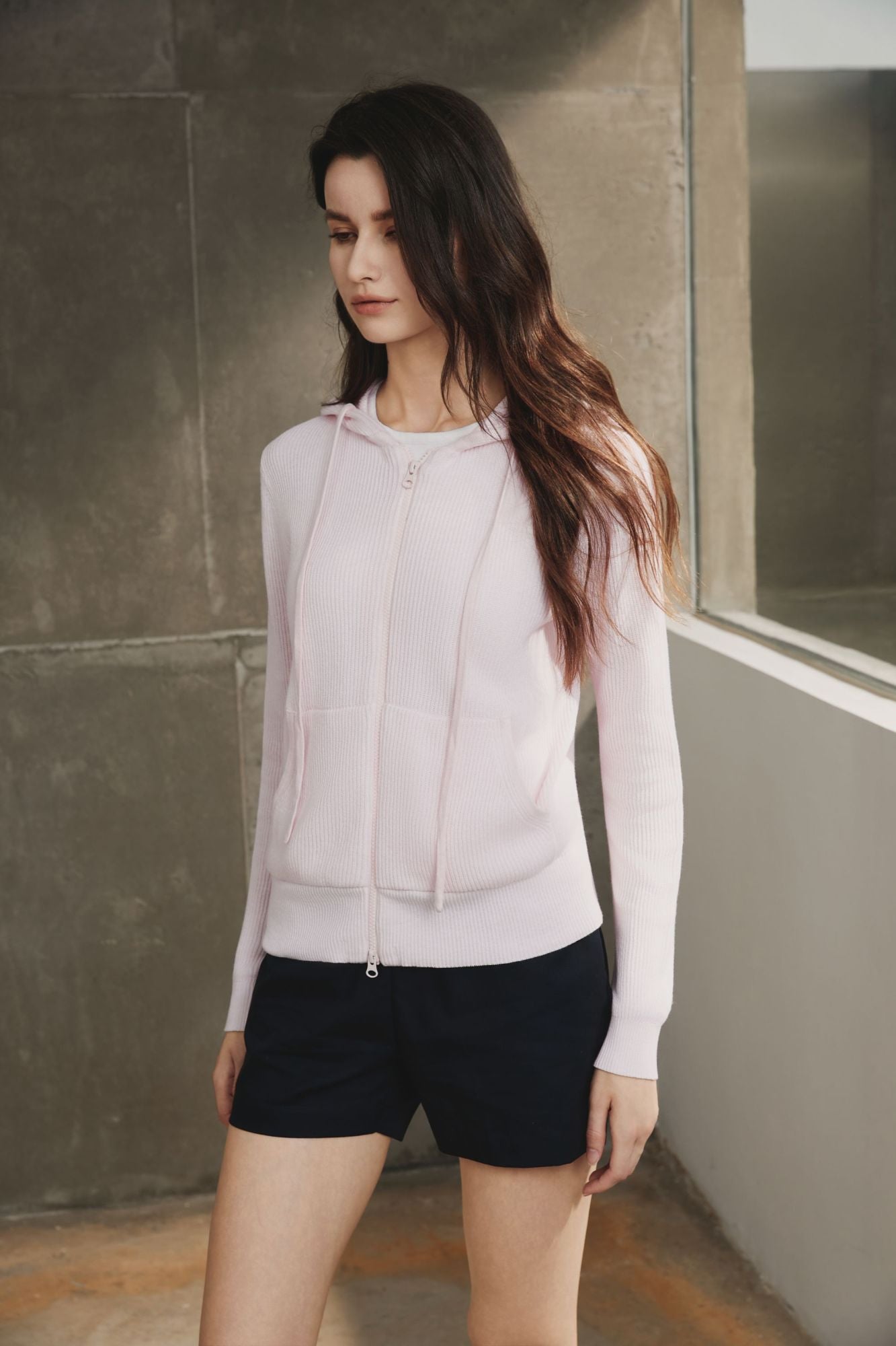 Cotton Ribbed Hoodie, Misty Rose