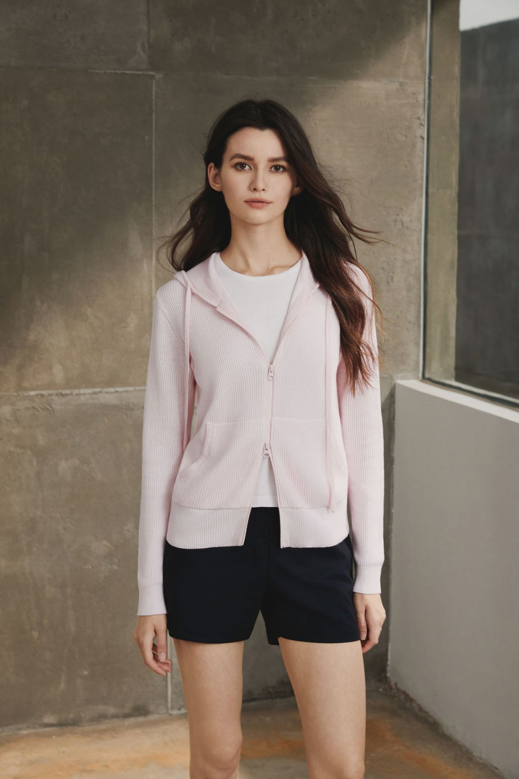 Cotton Ribbed Hoodie, Misty Rose