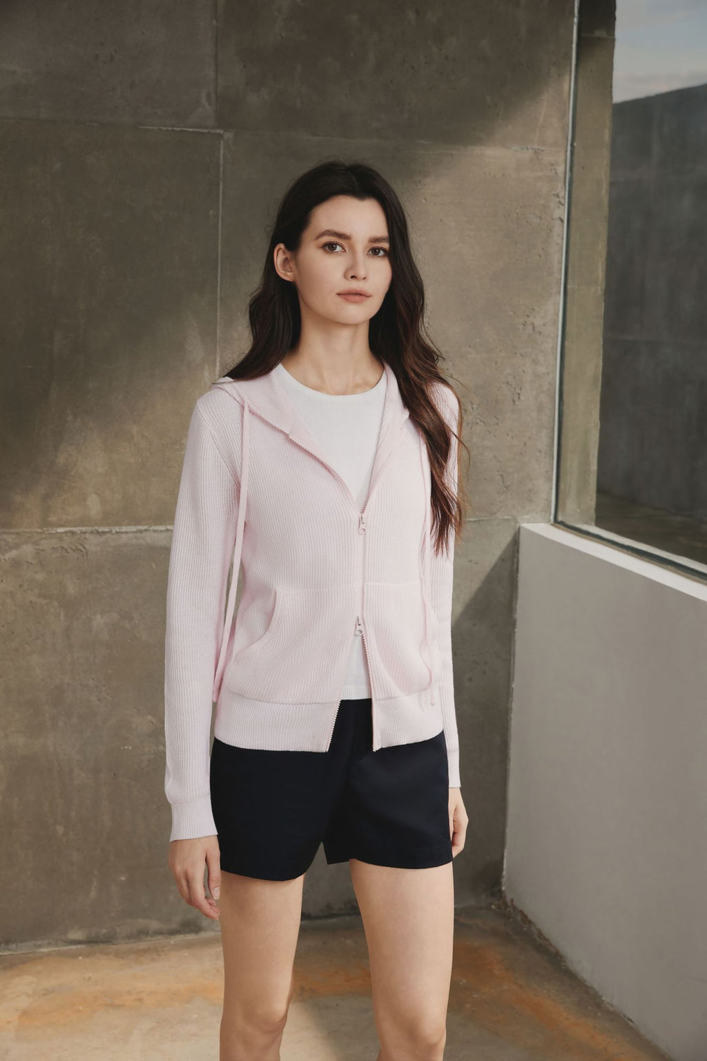 Cotton Ribbed Hoodie, Misty Rose