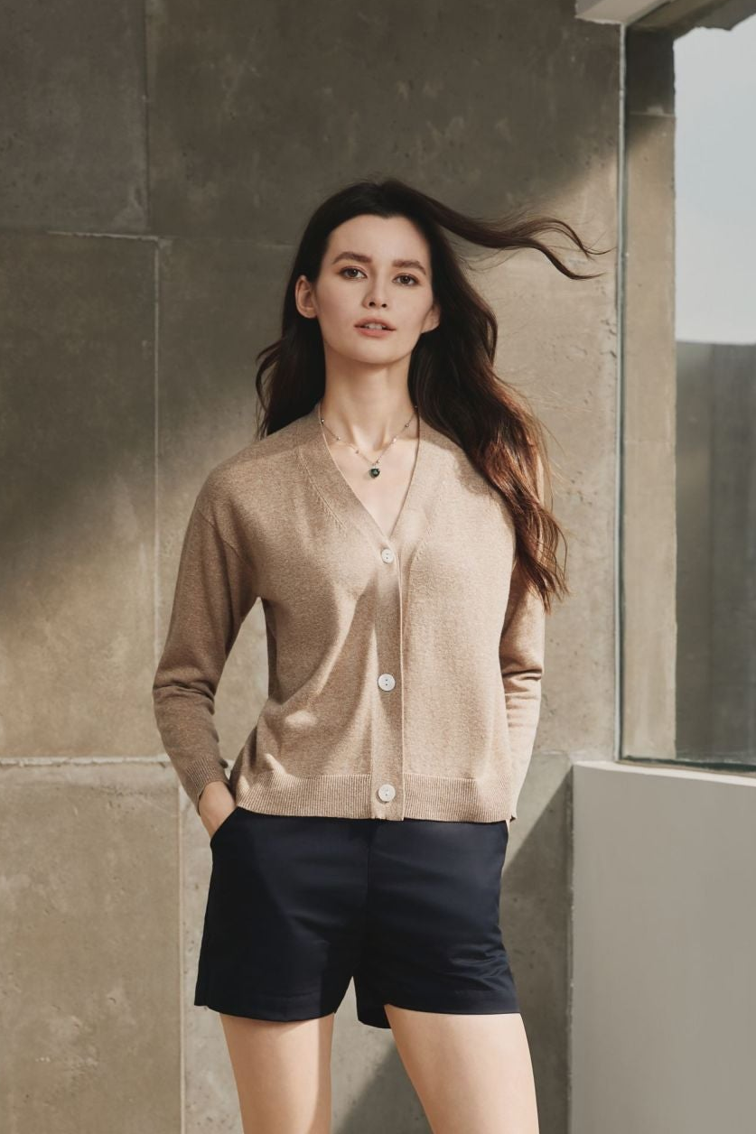 Cotton V-Neck Cardigan, Taupe