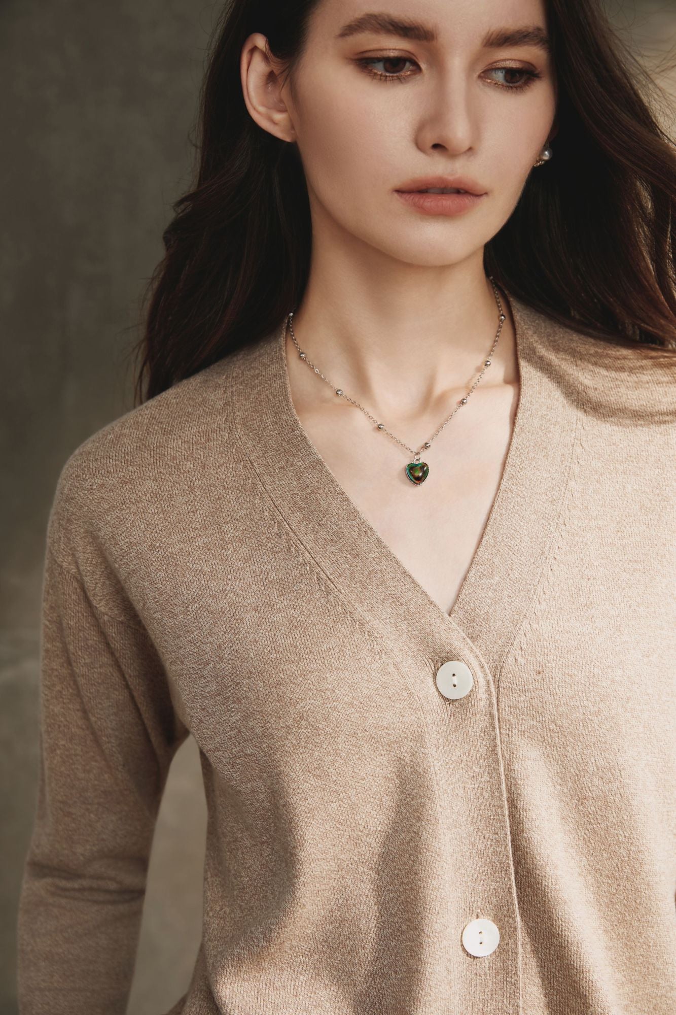 Cotton V-Neck Cardigan, Taupe