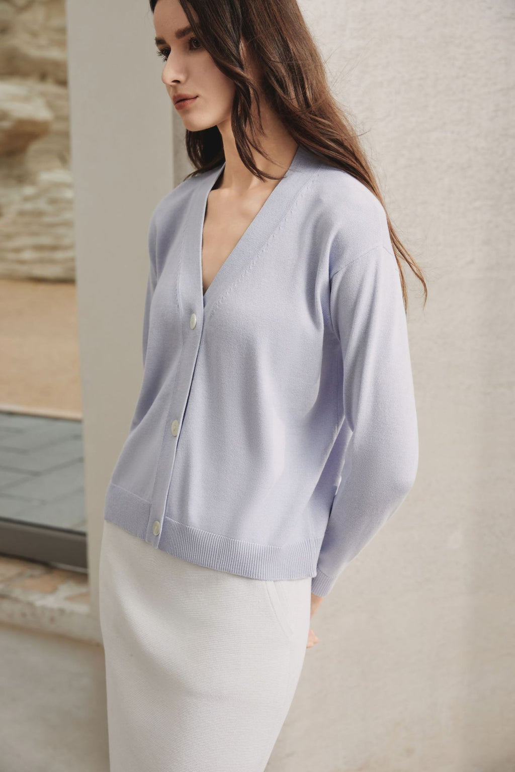 Cotton V-Neck Cardigan, Light Grey