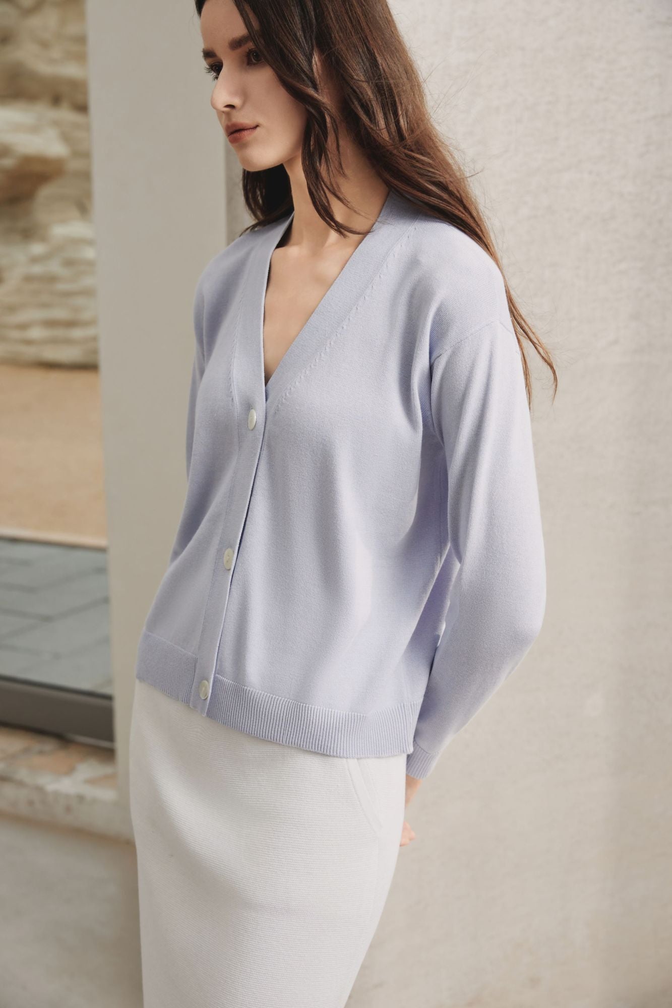 Cotton V-Neck Cardigan, Light Grey