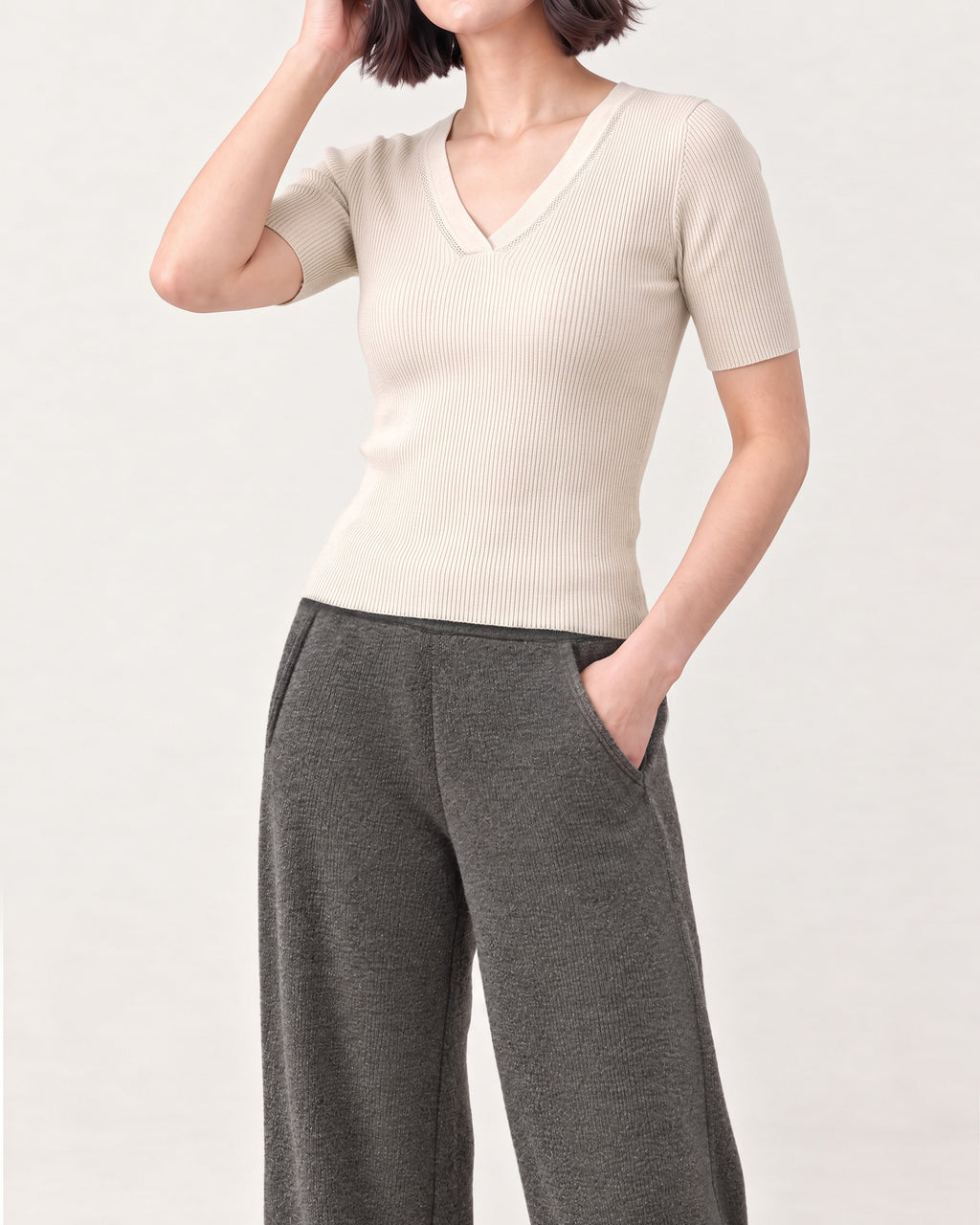 Cotton Silk V Neck Ribbed Top
