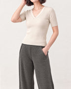 Cotton Silk V Neck Ribbed Top