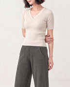 Cotton Silk V Neck Ribbed Top