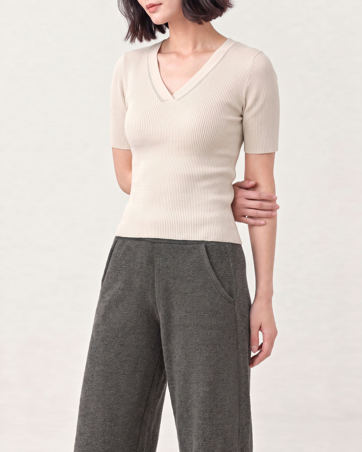 Cotton Silk V Neck Ribbed Top