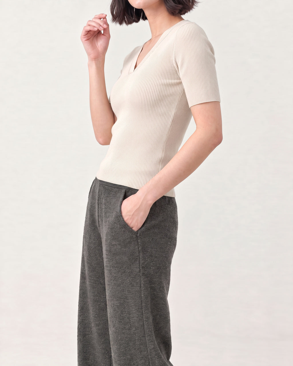 Cotton Silk V Neck Ribbed Top