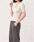 Cotton Silk V Neck Ribbed Top