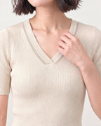 Cotton Silk V Neck Ribbed Top