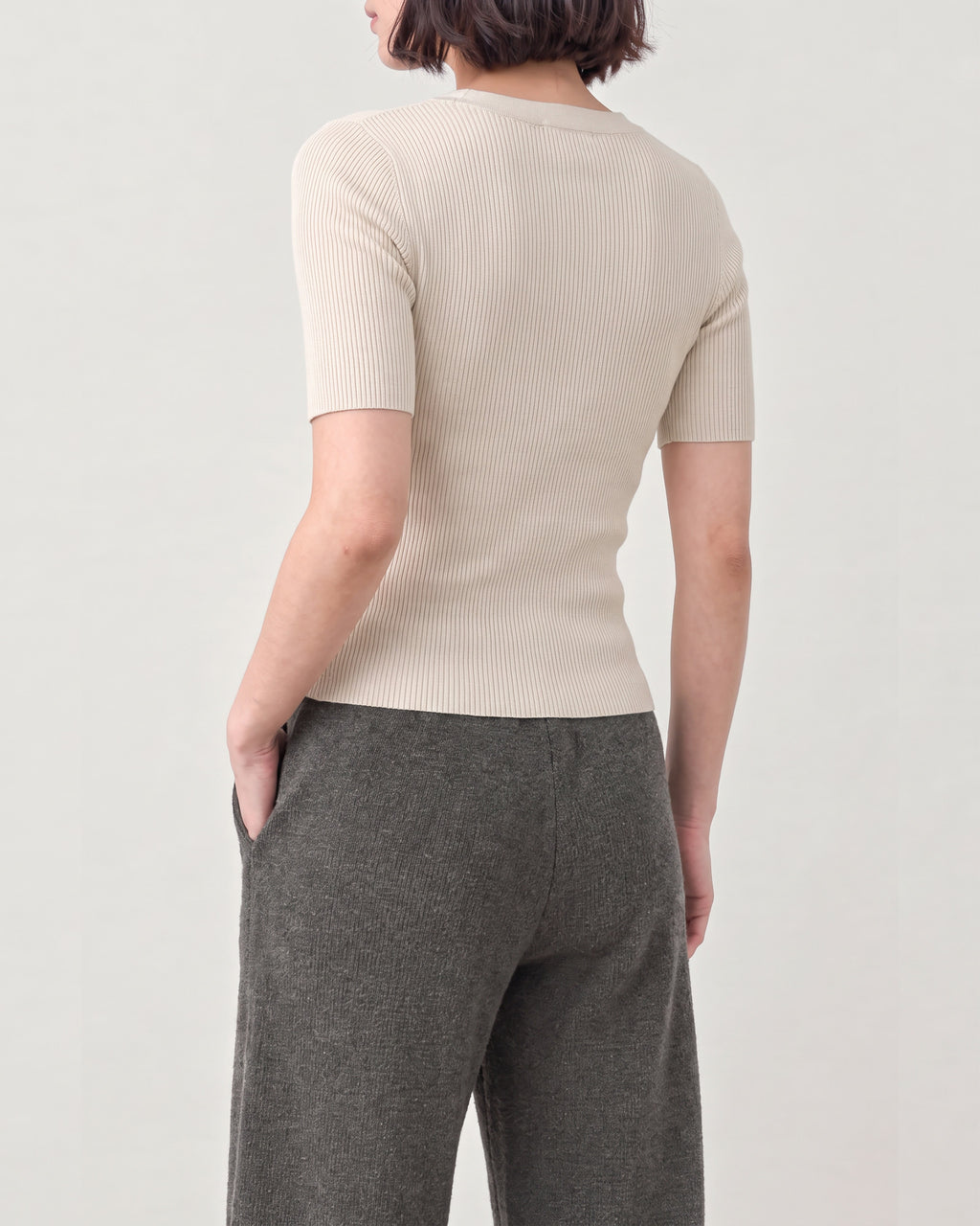 Cotton Silk V Neck Ribbed Top
