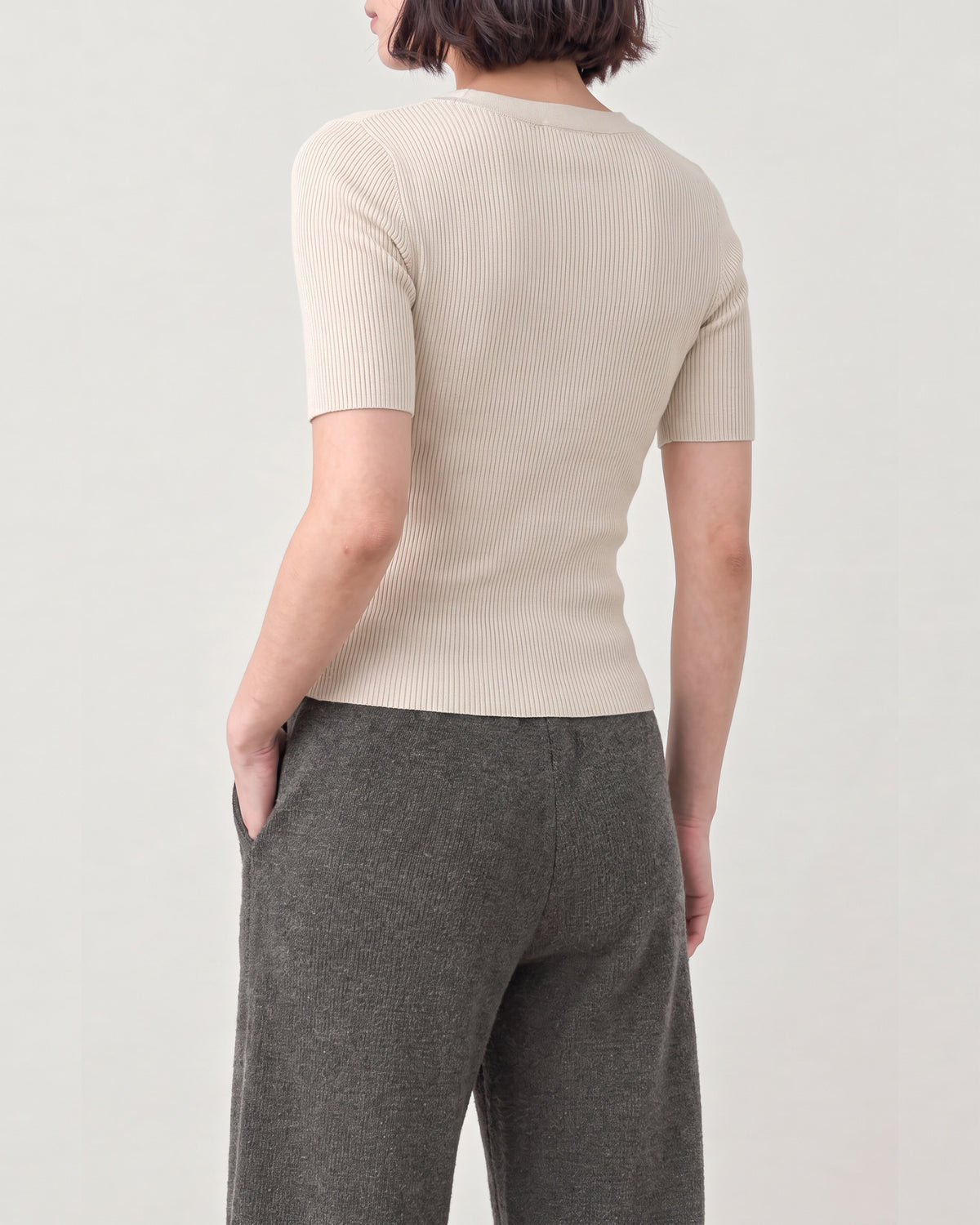 Cotton Silk V Neck Ribbed Top