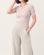 Cotton Silk V Neck Ribbed Top