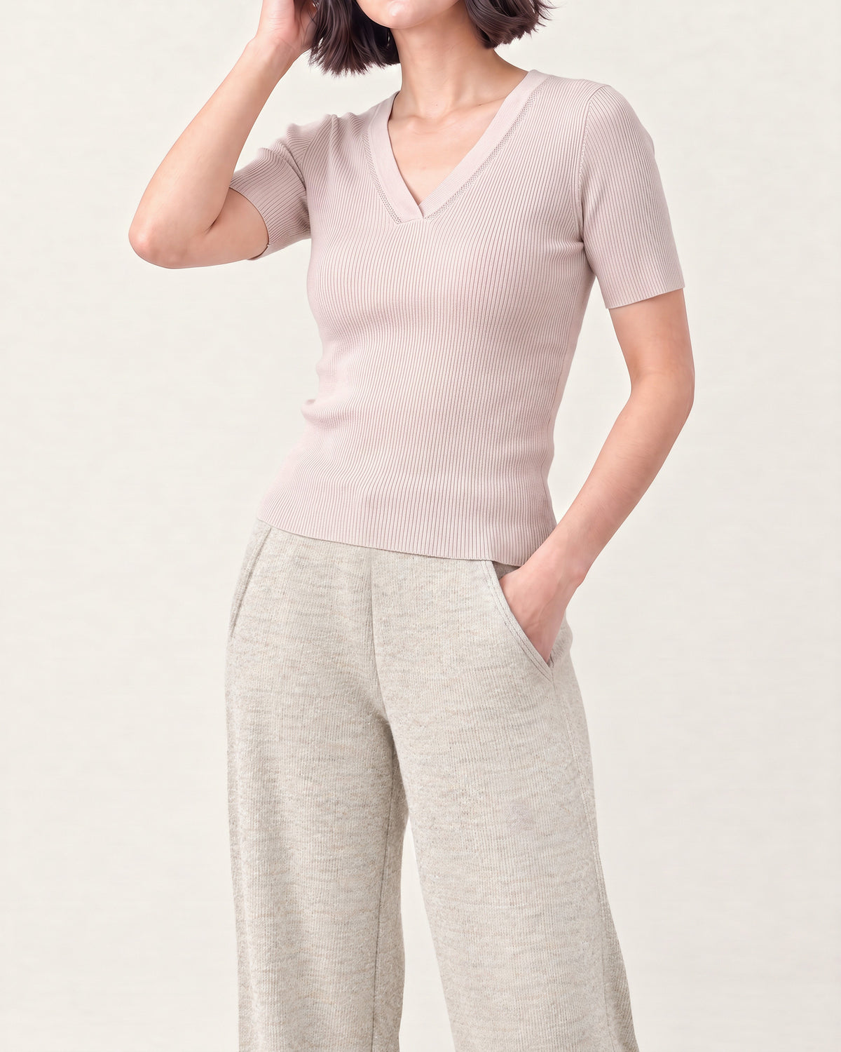 Cotton Silk V Neck Ribbed Top