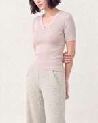 Cotton Silk V Neck Ribbed Top