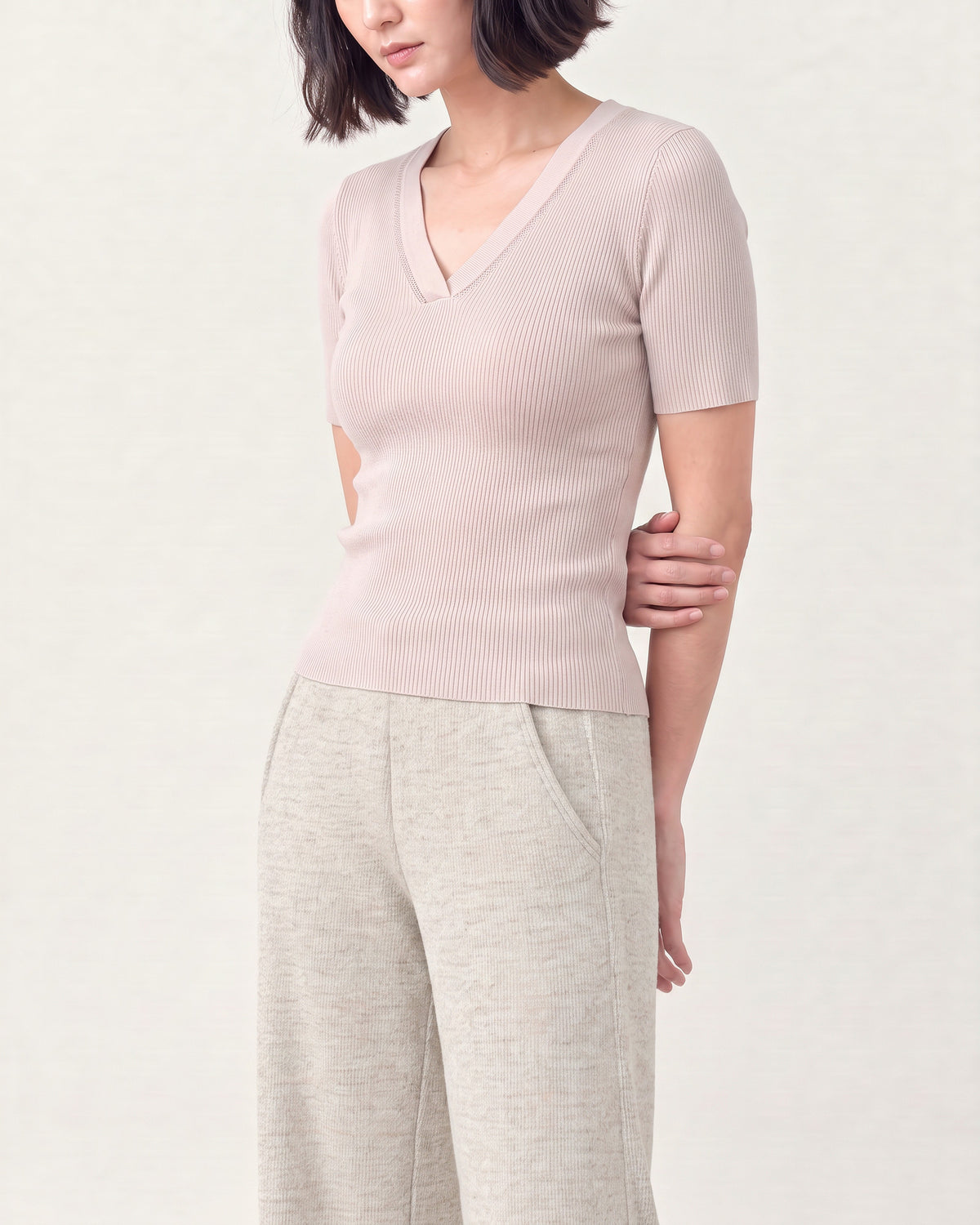 Cotton Silk V Neck Ribbed Top