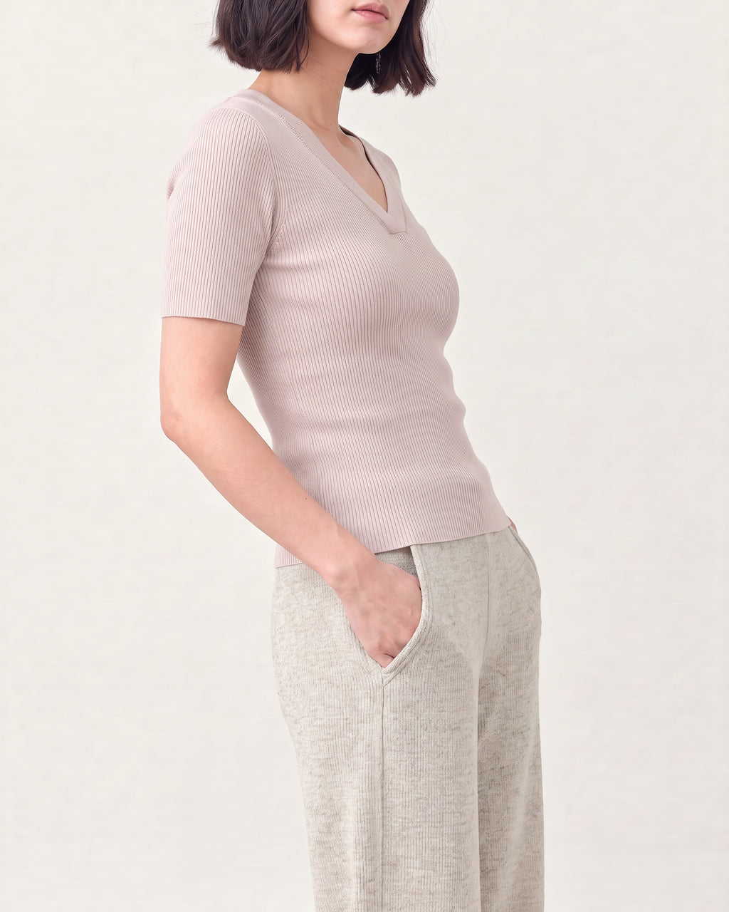 Cotton Silk V Neck Ribbed Top