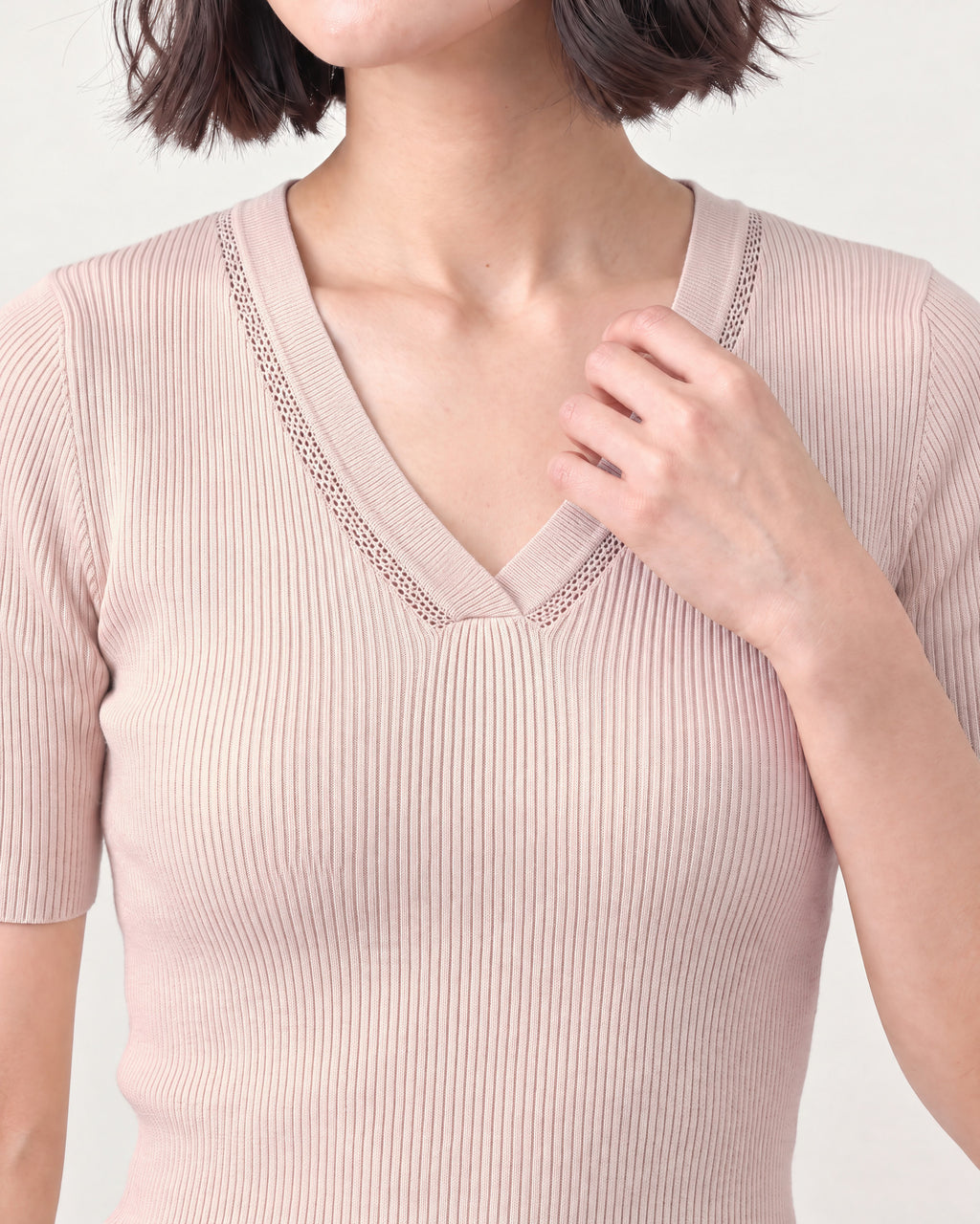 Cotton Silk V Neck Ribbed Top