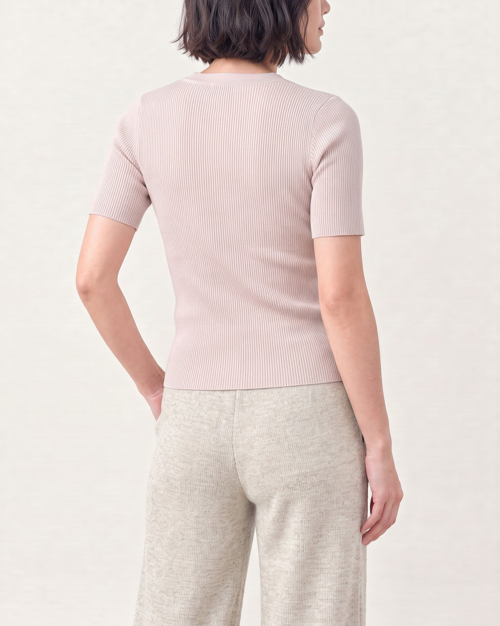 Cotton Silk V Neck Ribbed Top