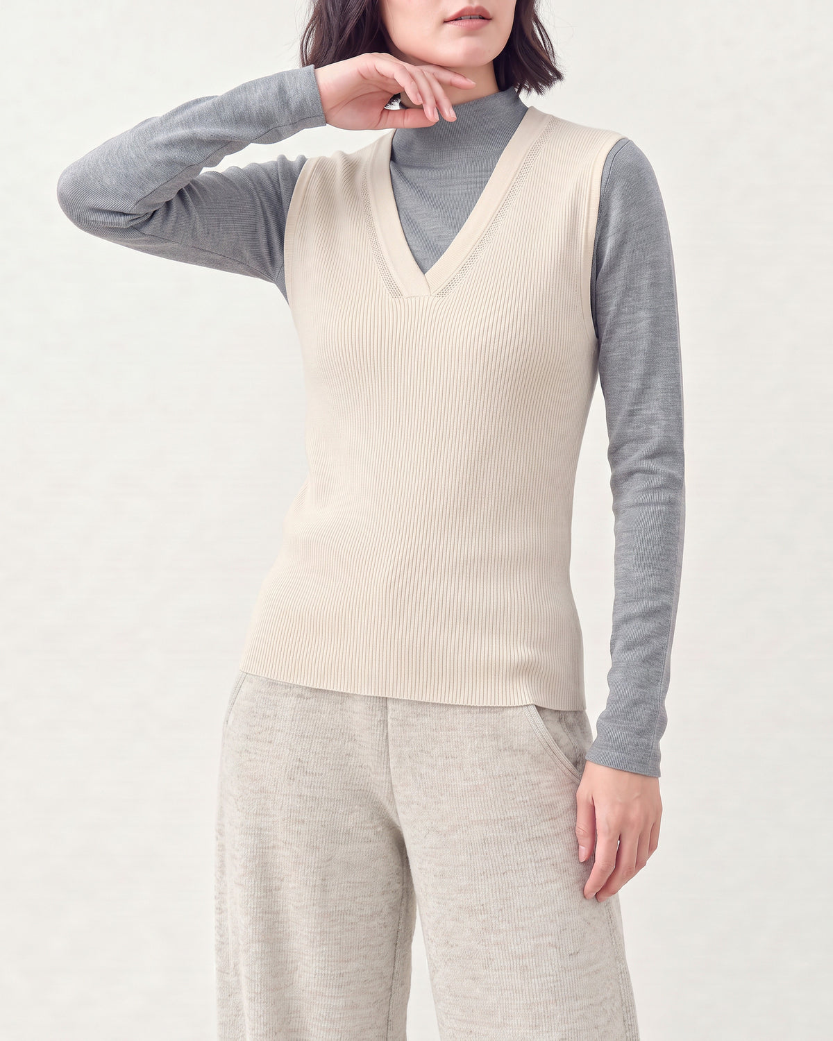 Cotton Silk V Neck Ribbed Vest