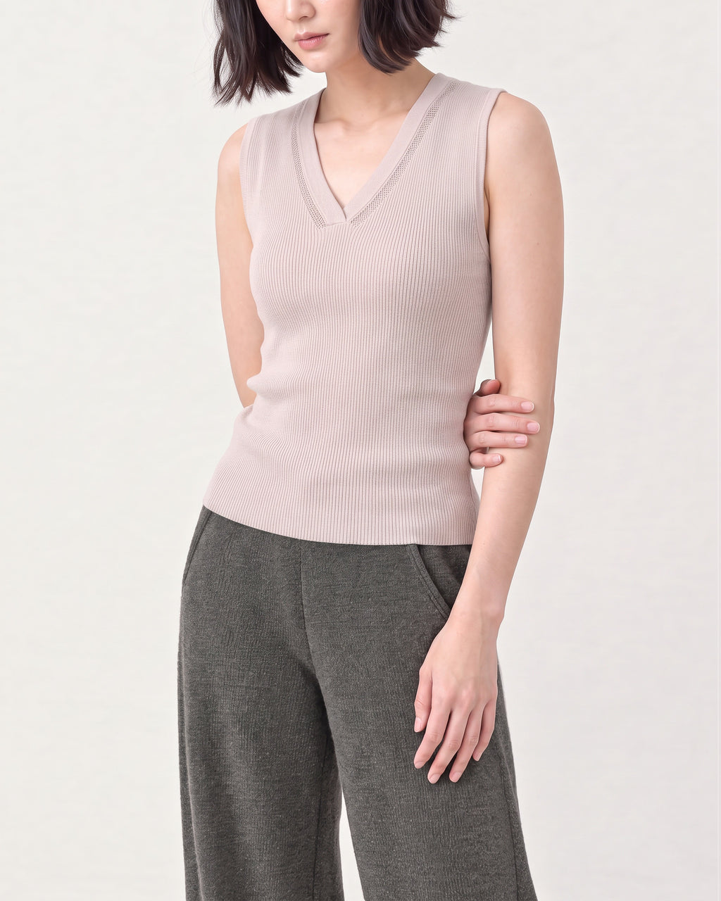Cotton Silk V Neck Ribbed Vest