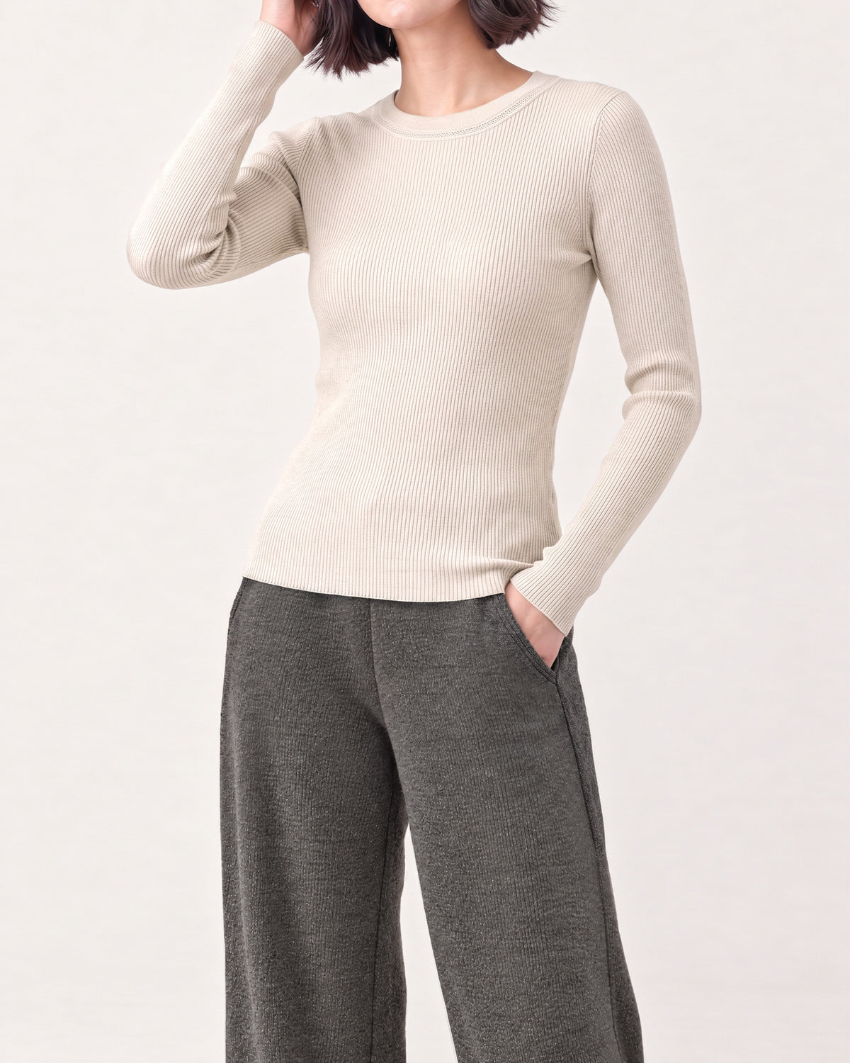 Cotton Silk Round Neck Ribbed Pullover