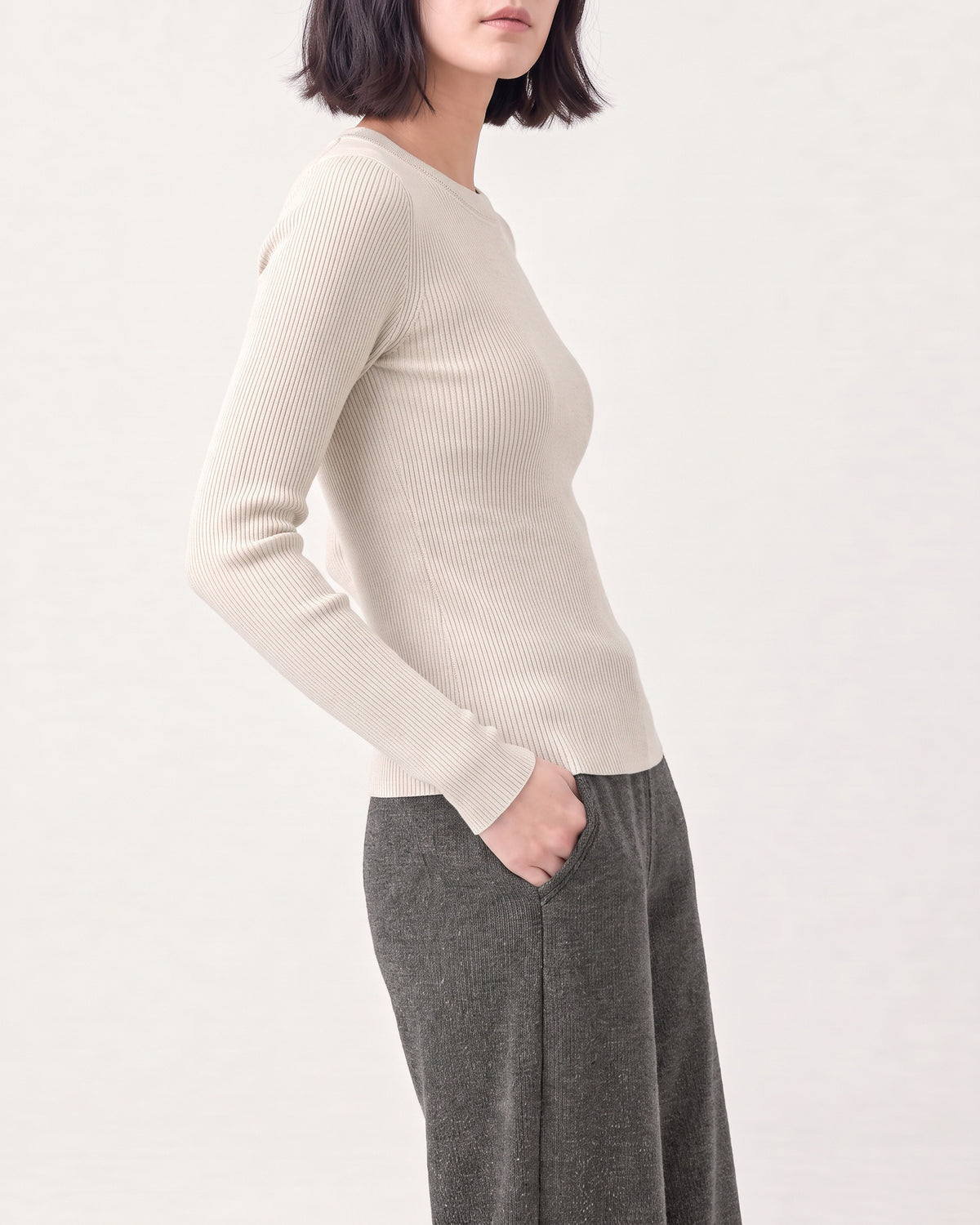 Cotton Silk Round Neck Ribbed Pullover