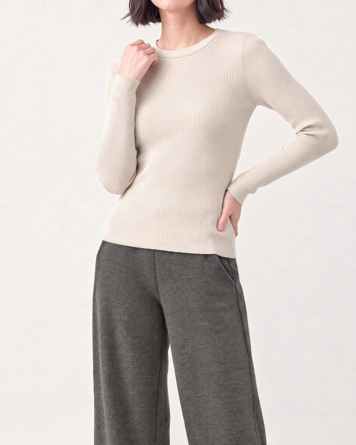 Cotton Silk Round Neck Ribbed Pullover