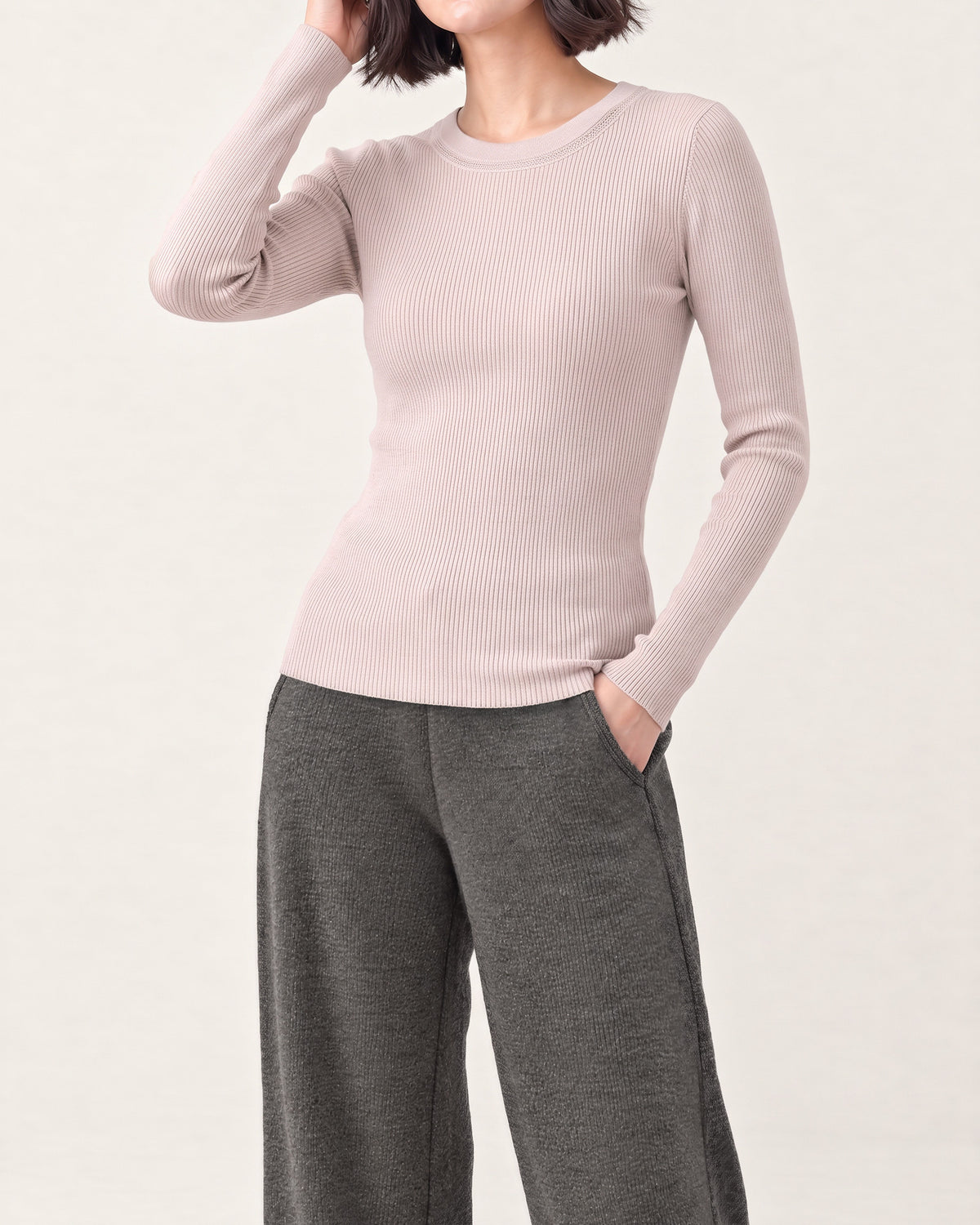 Cotton Silk Round Neck Ribbed Pullover