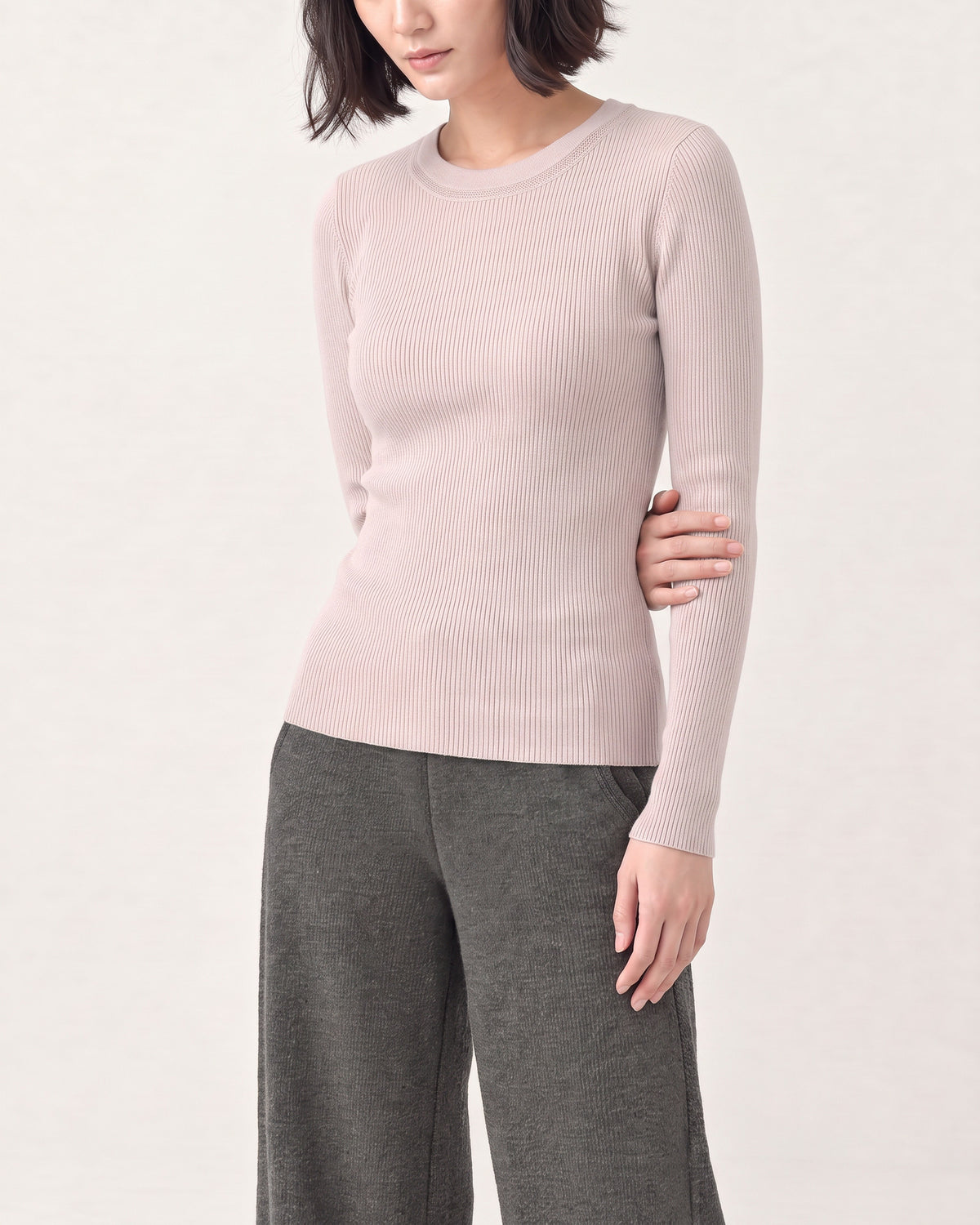 Cotton Silk Round Neck Ribbed Pullover
