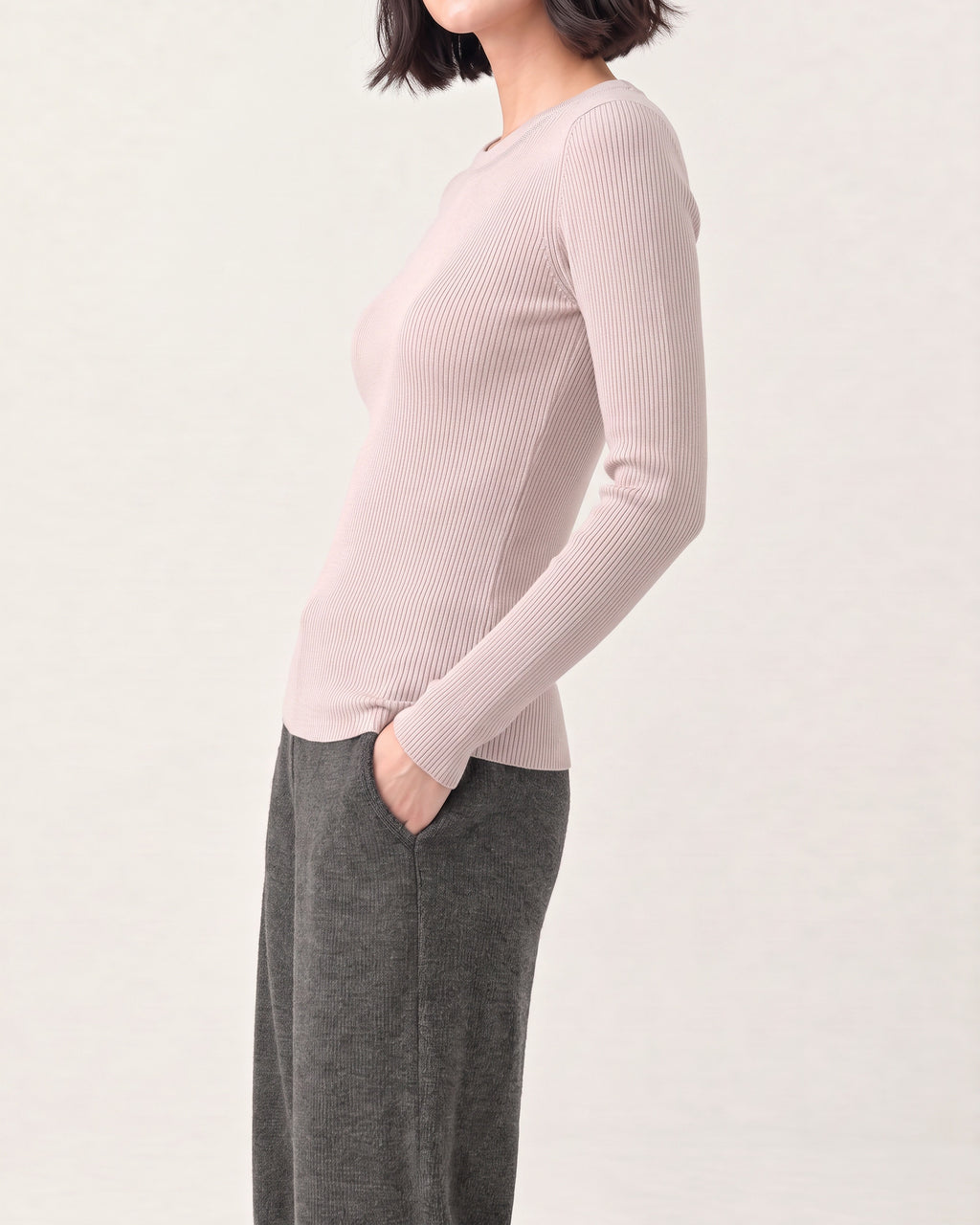 Cotton Silk Round Neck Ribbed Pullover