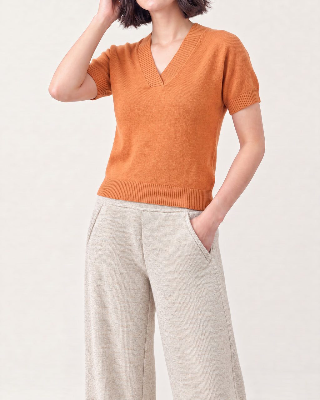 Cotton Blend V Neck Top