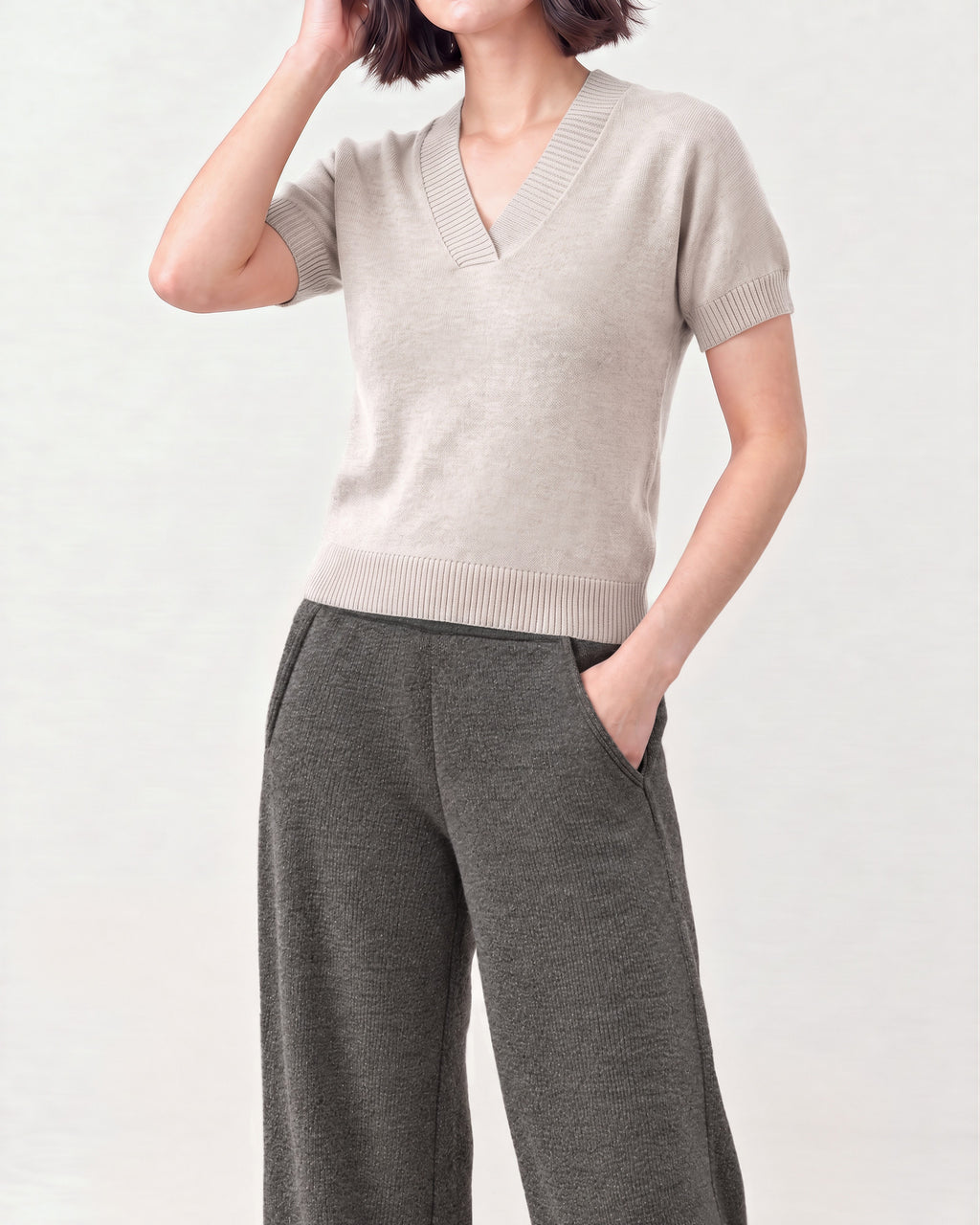 Cotton Blend V Neck Top