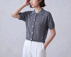 Cotton Short Sleeves Cardigan with Shirt Collar