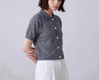 Cotton Short Sleeves Cardigan with Shirt Collar