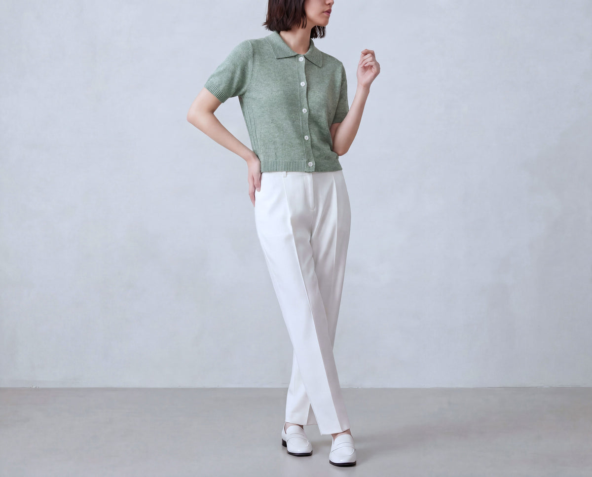 Cotton Blend Short Sleeves Cardigan with Shirt Collar
