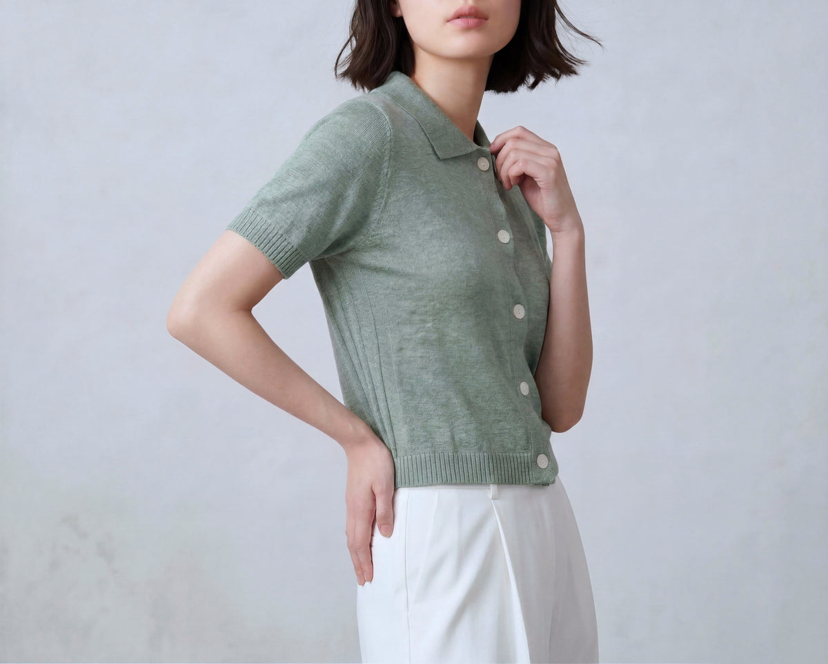 Cotton Blend Short Sleeves Cardigan with Shirt Collar