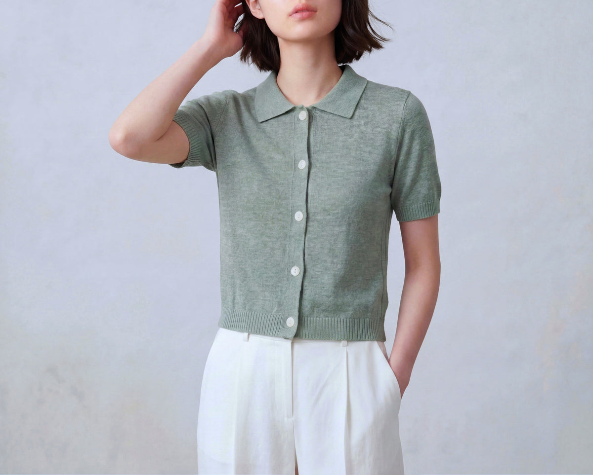 Cotton Blend Short Sleeves Cardigan with Shirt Collar