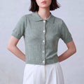 Cotton Short Sleeves Cardigan with Shirt Collar