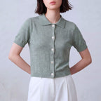 Cotton Short Sleeves Cardigan with Shirt Collar