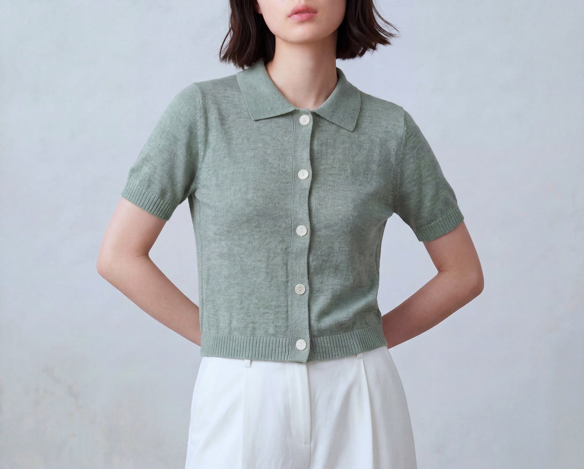 Cotton Blend Short Sleeves Cardigan with Shirt Collar