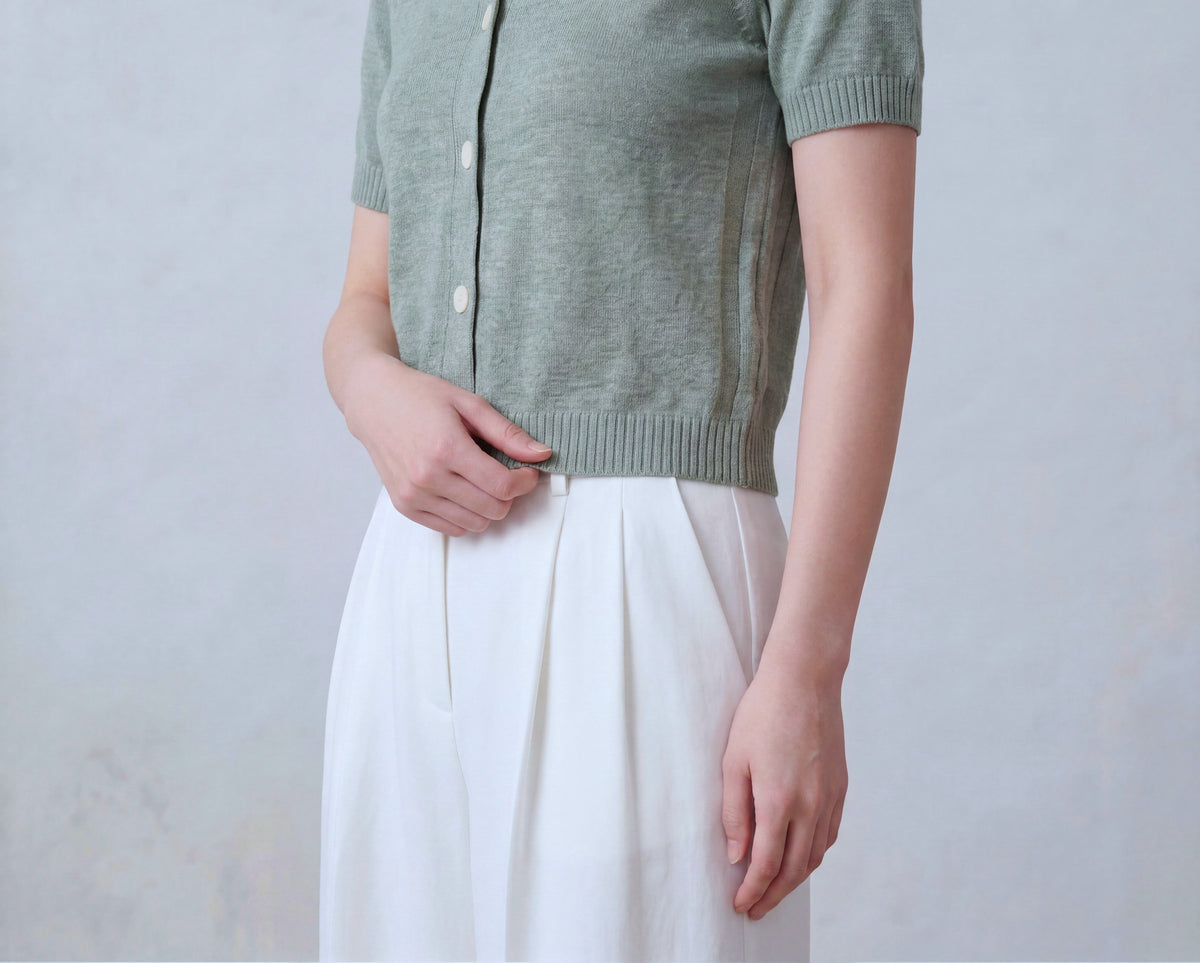 Cotton Blend Short Sleeves Cardigan with Shirt Collar