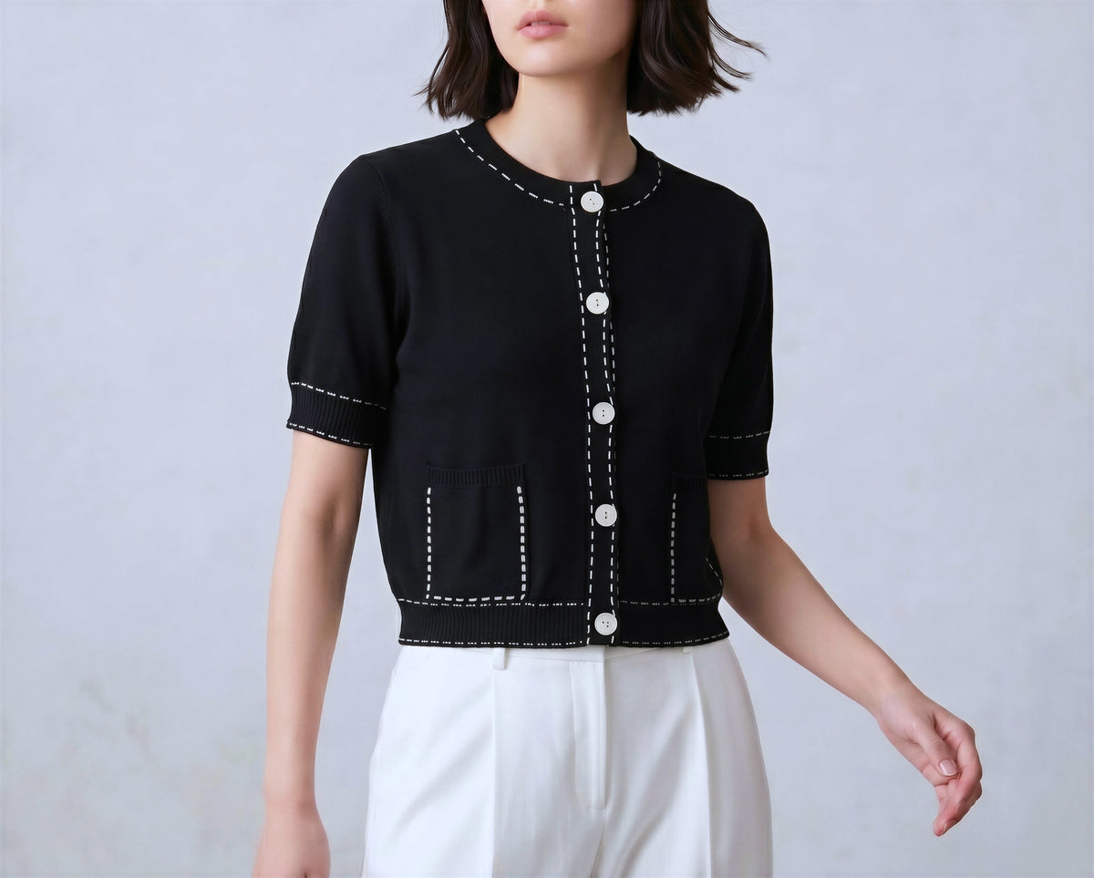 Cotton Short Cardigan With Stitch