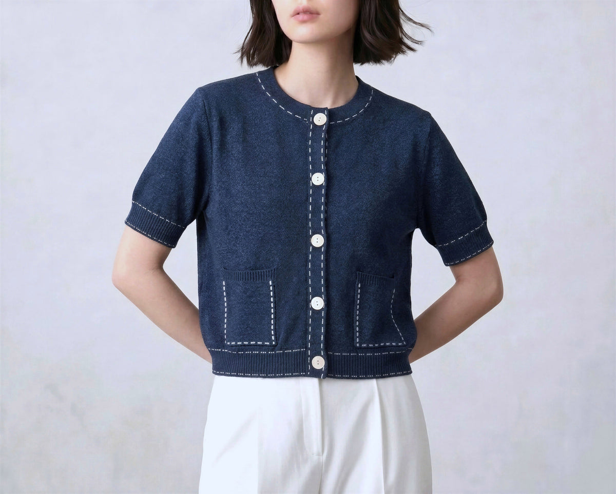 Cotton Short Cardigan With Stitch