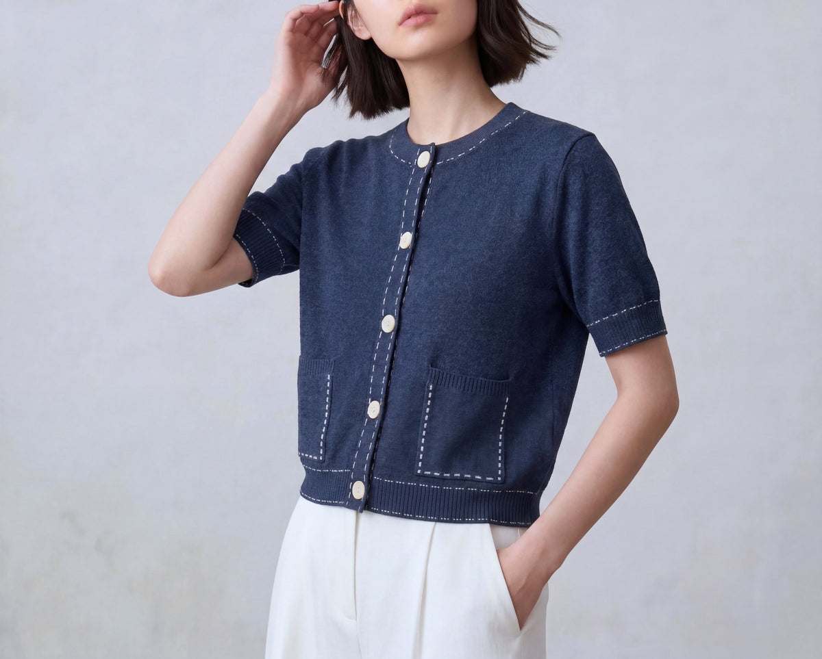 Cotton Short Cardigan With Stitch