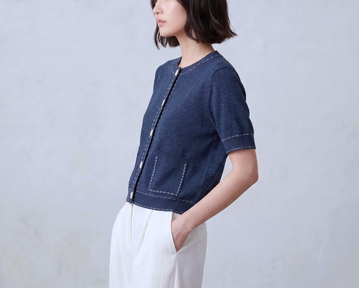 Cotton Short Cardigan With Stitch