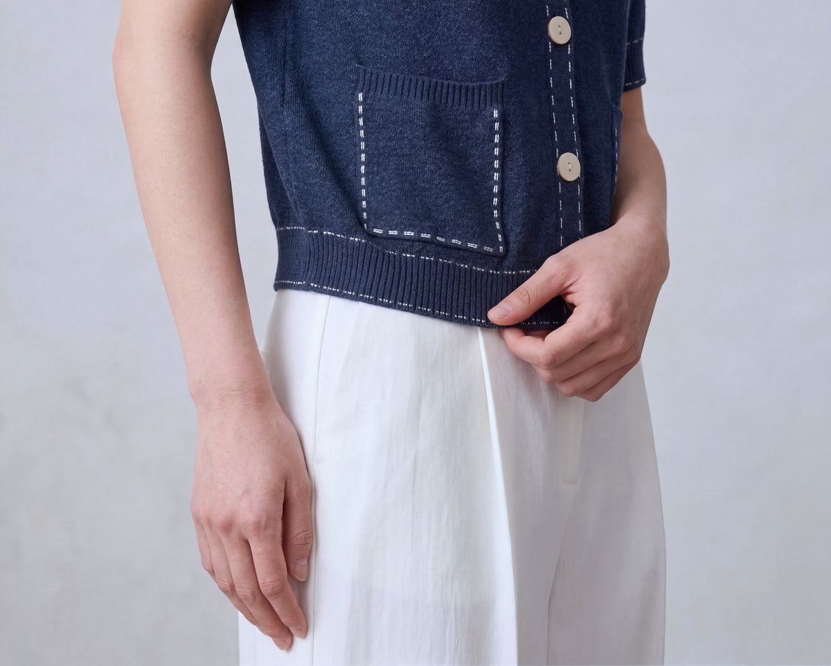 Cotton Short Cardigan With Stitch