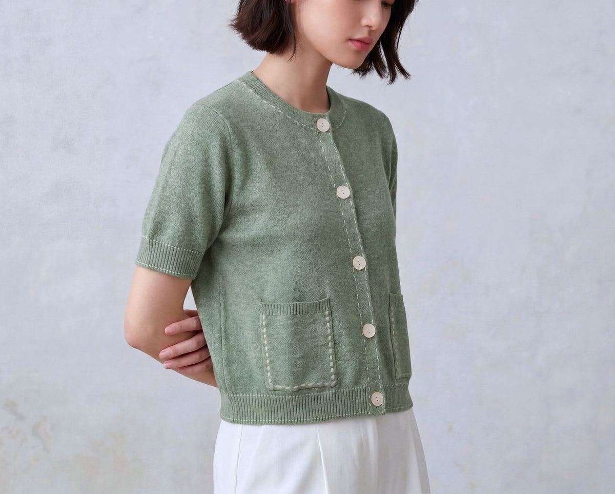 Cotton Blend Short Cardigan With Stitch
